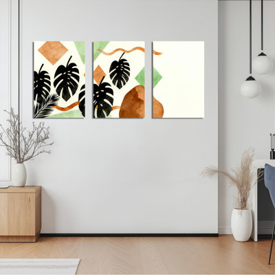 «Tropical Monstera Leaves and Geometric Shape», art mural sur toile, impression de style aquarelle (ensemble de 3)