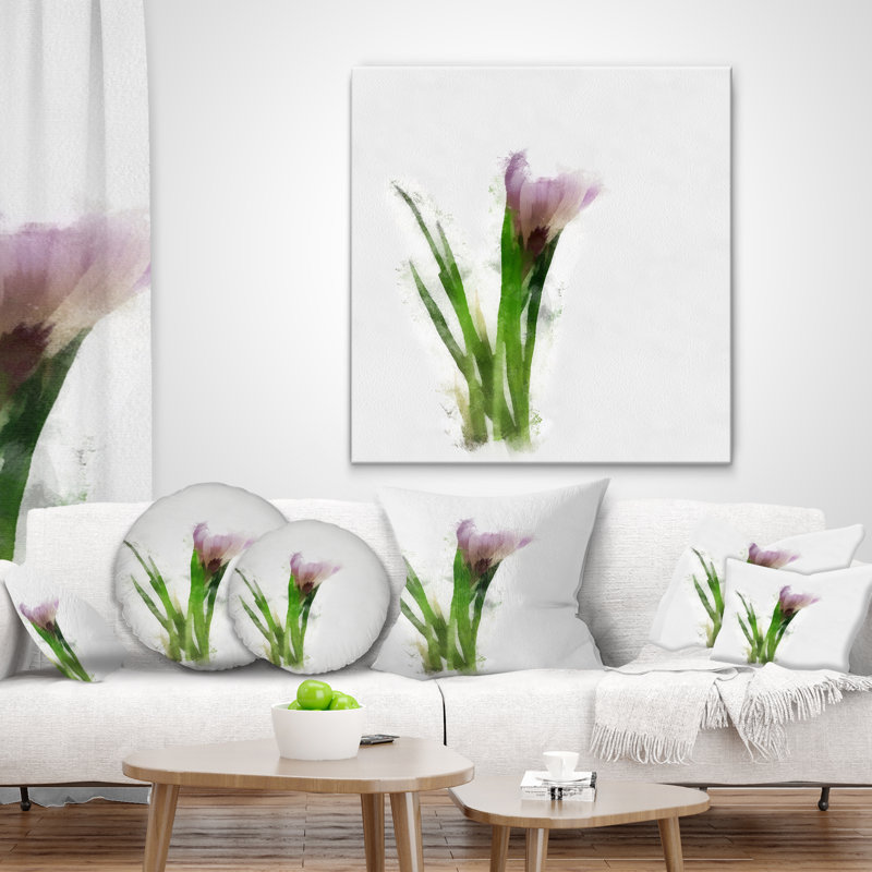 Croquis de fleur aquarelle verte mauve - coussin imprimé floral, 18 po x 18 po, Coussin décoratif