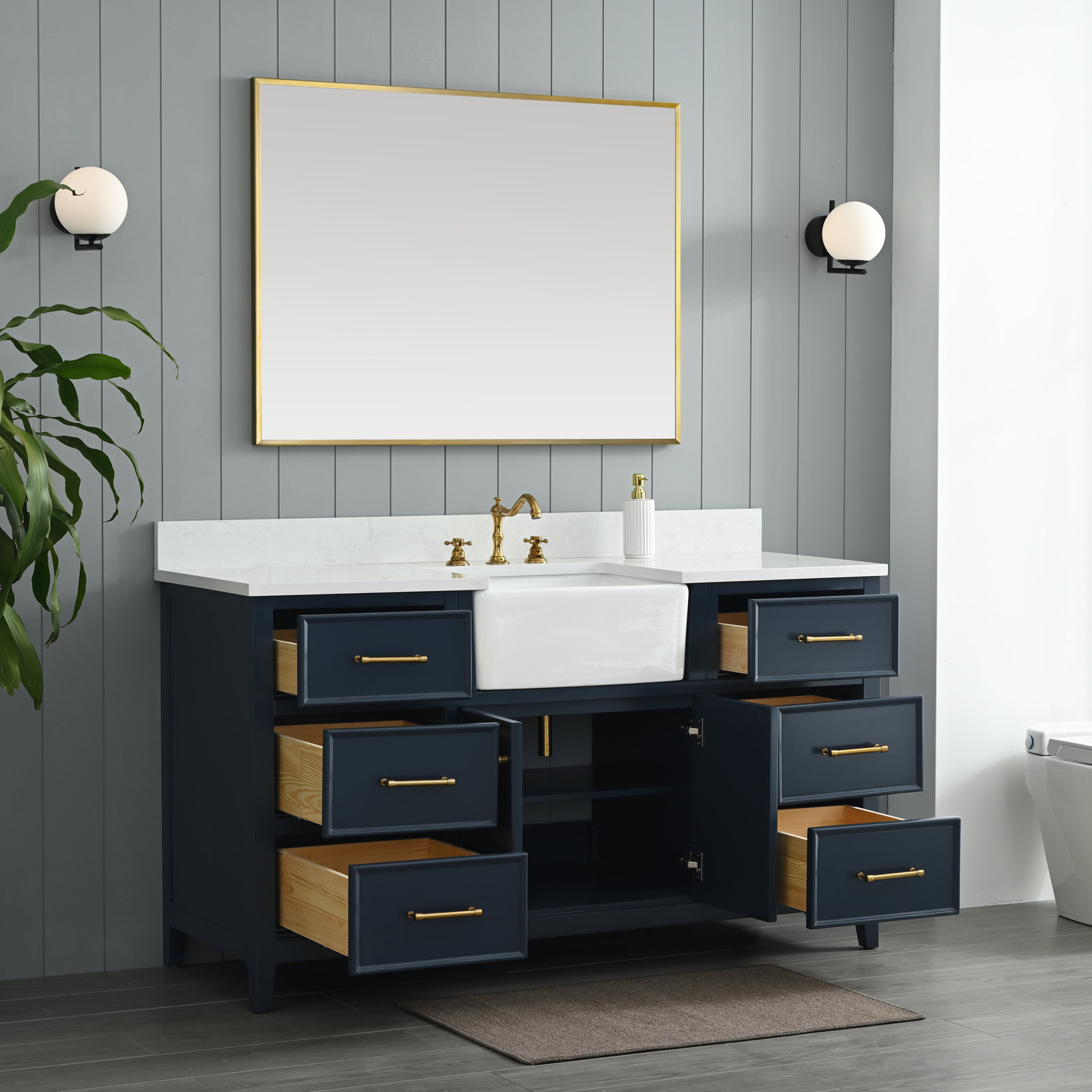 Aisa 60" Pine Single Bathroom Vanity, Indigo Blue/Brushed Gold