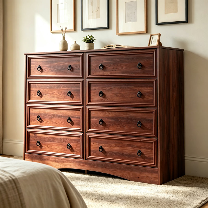 47 Inch Dresser for Bedroom, 8 Drawer Dresser with Large Drawers, Mid Century Modern Wide Wood Chest for Living Room, Hallway, Cherry Wood Color