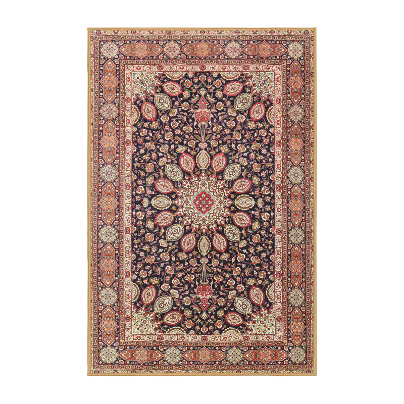 Tapis noir / rouge / orange en laine tissé à la machine Glades, Rectangle 7 pi x 10 pi