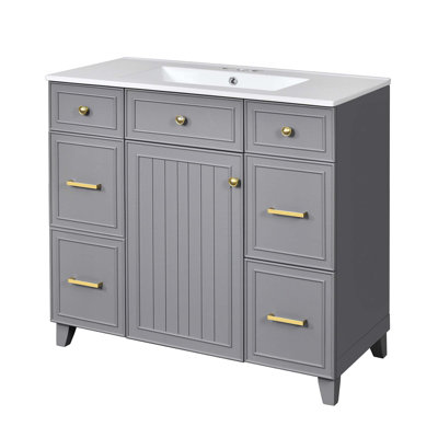 Meuble-lavabo 36 po avec lavabo en céramique, structure en bois massif, portes à fermeture en douceur, tablettes réglables, 3 tiroirs, y compris un tiroir à double profondeur pour le rangement du sèche-cheveux