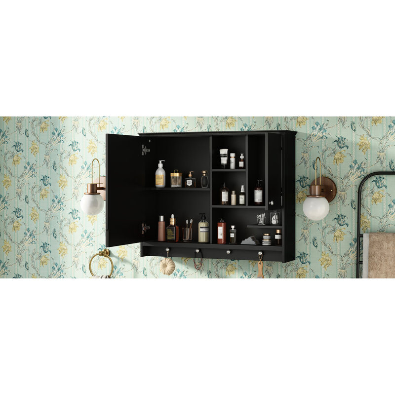 Armoire de rangement de salle de bain murale de 36 po avec tablette - étagères réglables noires modernes et miroir