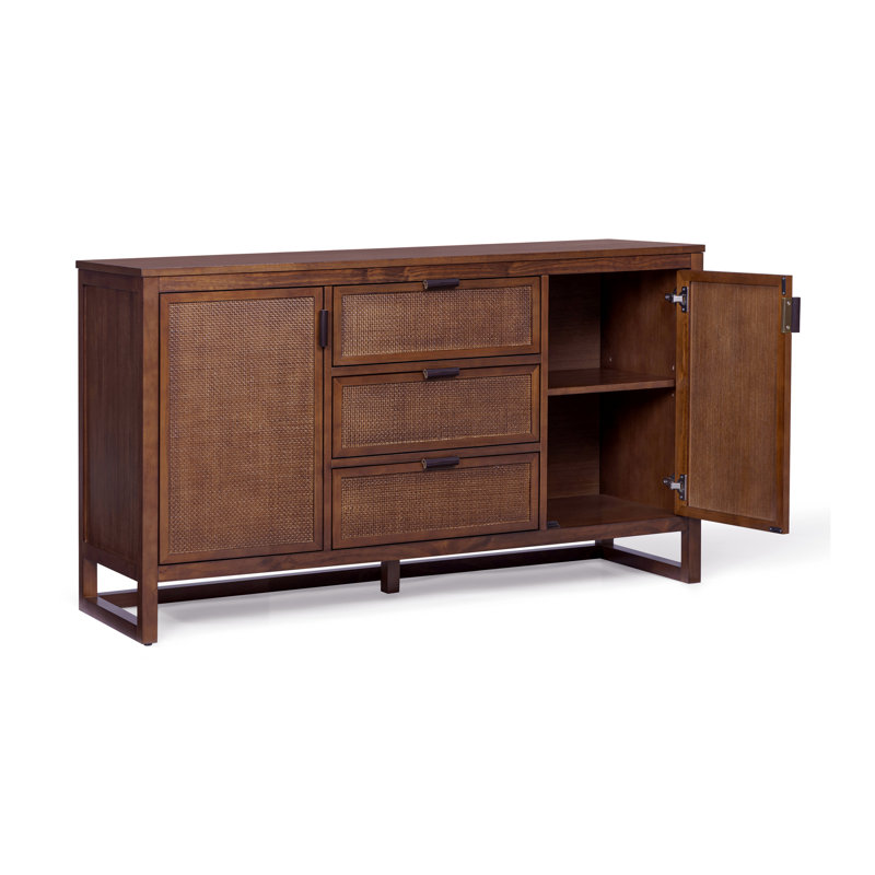 Armoire de rangement moderne en bois massif avec 3 tiroirs en rotin et 2 portes Ameer, Noyer