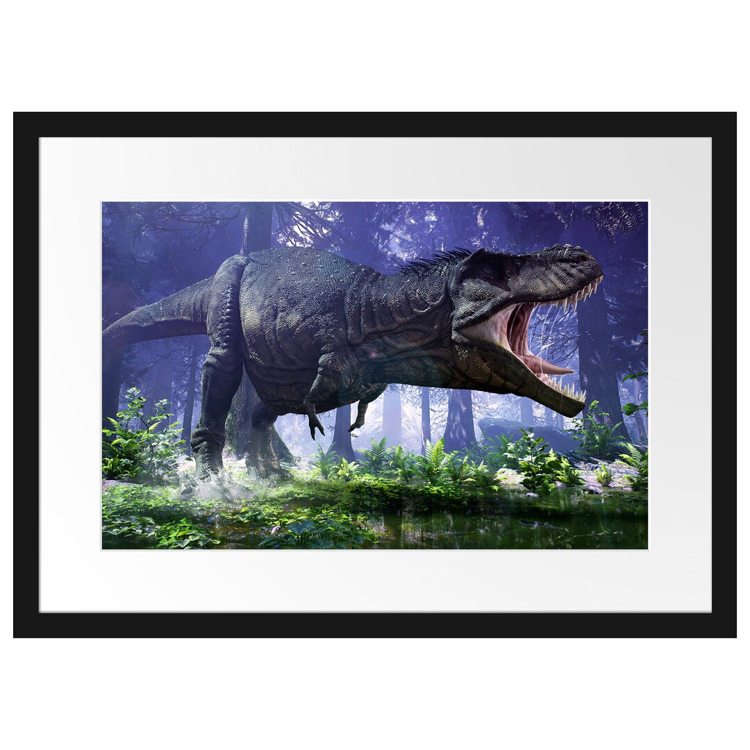 Gerahmtes Poster T-Rex Dinosaurier im Wald