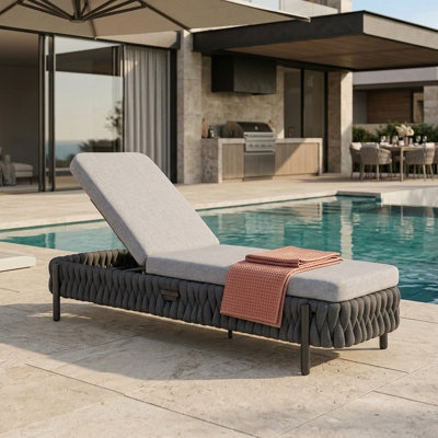 78.7'' Outdoor Chaise Lounge with Air Pump Adjustable Backrest, Thick Integrated Cushion, Handwoven Rope Design & Powder-Coated Steel Frame