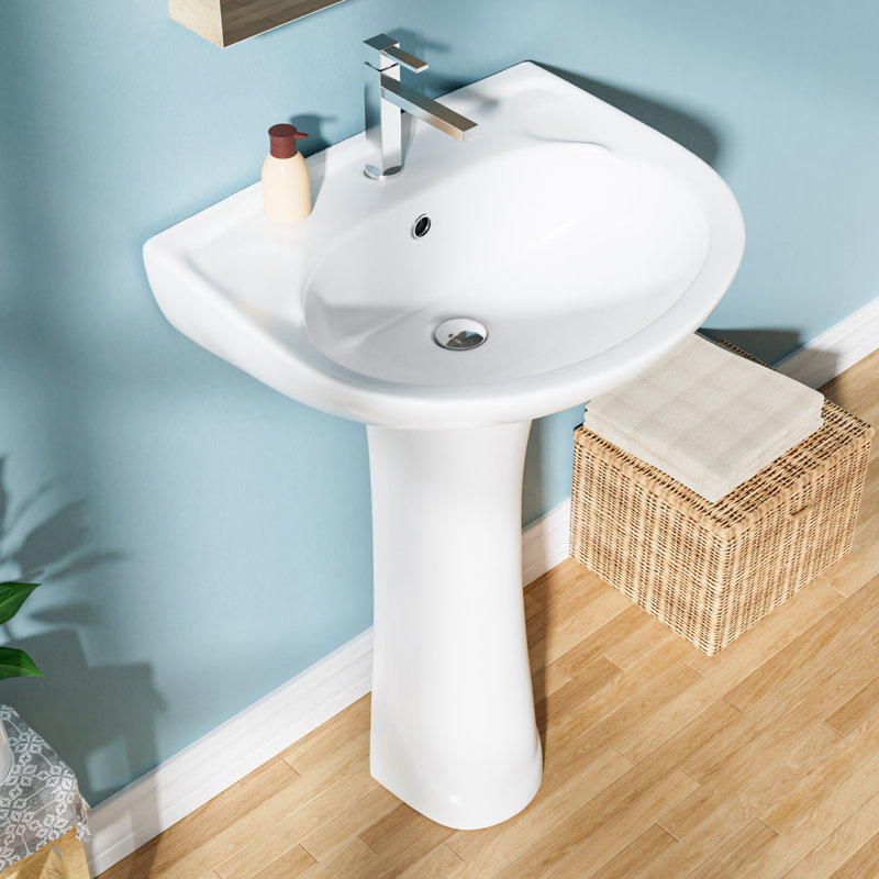 20" W x 16.5" D Pedestal Sink for Bathrooms U-Shaped Vitreous China, 1 Faucet Hole & Overflow, White, Glossy White