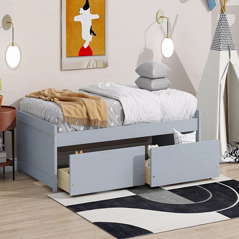 Lit simple, avec 2 tiroirs, en bois d'hévéa massif, Gris
