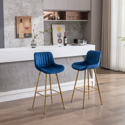 Modern Set of 2 Bar Stools Velvet Counter Height Stools with Chrome Footrest Golden Legs Blue