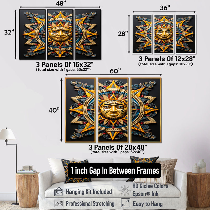 Soleil souriant bleu et jaune - ensemble d'art mural mandala bohème, Cadre flottant brun, H 32 po x l 48 po x P 1 po