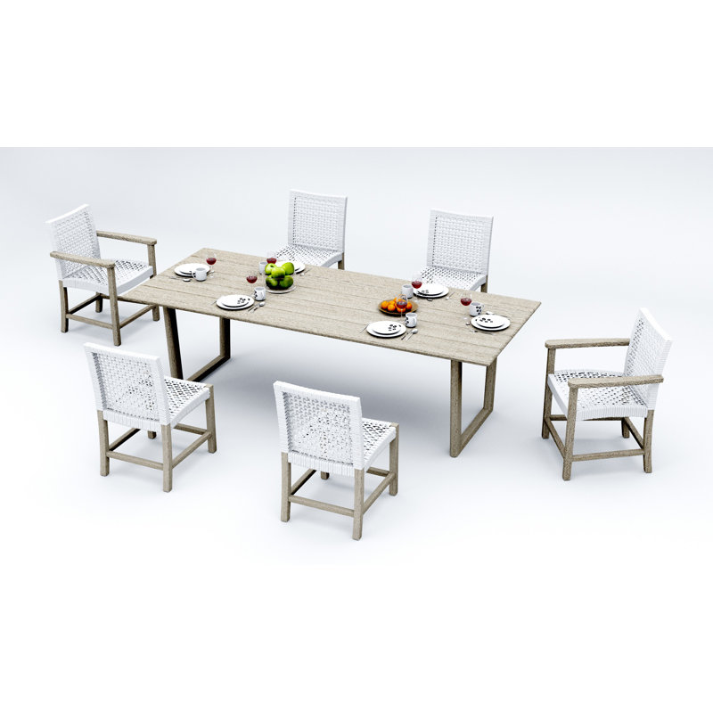 6 Seats 7 Pcs Grade-A Weathered Teak Wood Dining Set: 98" Sema Rectangle Table  And 6 Alsoi Chairs (2 Arm & 4 Armless Chairs) #11AI3302