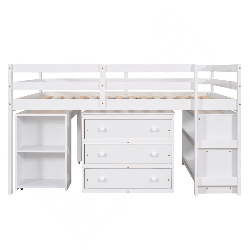 Lit mezzanine double bas avec cabinet, tablettes et bureau portatif à roulettes, lit multifonctionnel, Blanc