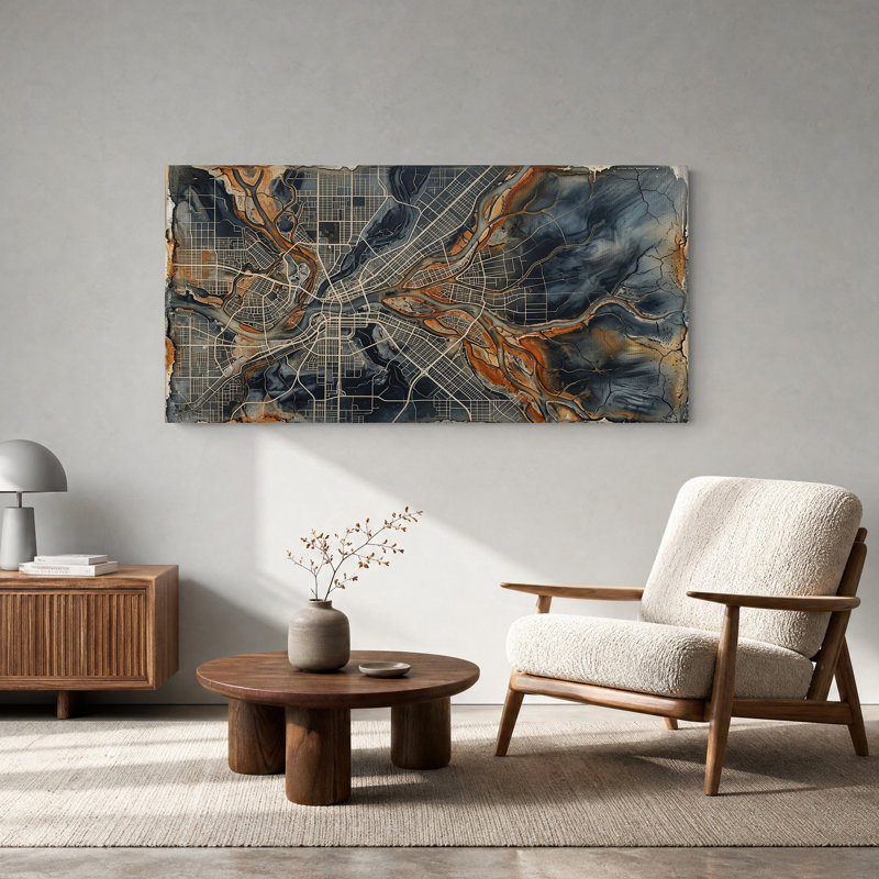 Tableau mural sur toile représentant une carte de ville aux bords brûlés, rouille et bleu, 58“W x 28”H