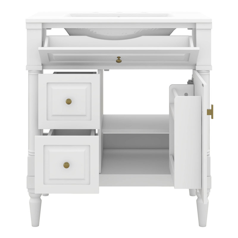 Meuble-lavabo 30 po avec lavabo, meuble-lavabo autoportant avec tiroir rabattable, 2 tiroirs et tablette réglable, Blanc