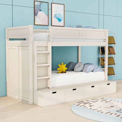 Lit superposé simple au-dessus de simple 4 tiroirs avec garde-robe et garde-corps