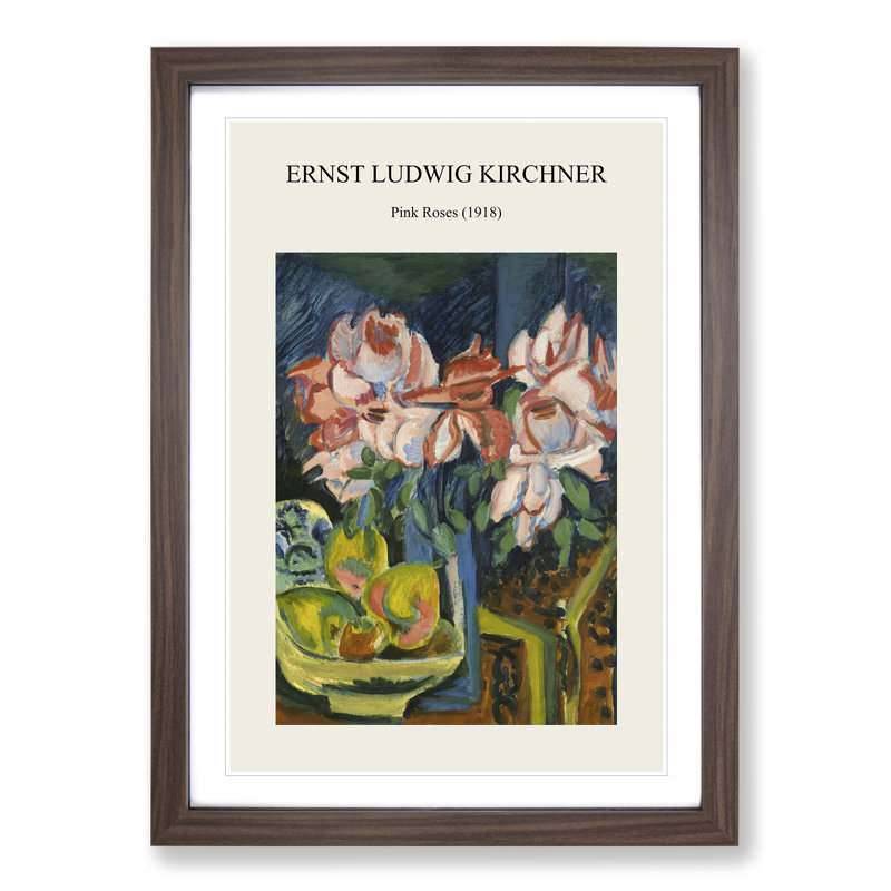Pink Roses Print by Ernst Ludwig Kirchner - Picture Frame Painting, 48cm H x 36cm W x 2cm D, Walnut Framed