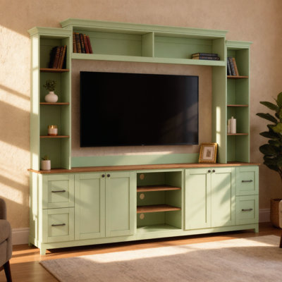 Living Room Mint Green Farmhouse Style Combined Cabinet Wall Mounted Air Conditioner Bookshelf Walnut Shelf Retro Media Storage Cabinet