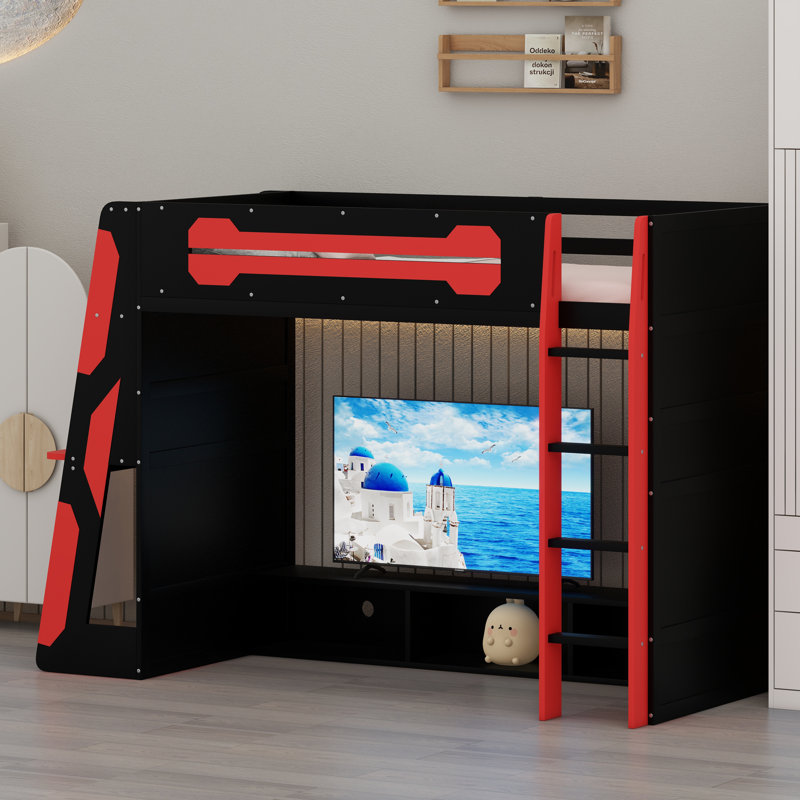 Lit mezzanine avec bureau intégré, tablettes de rangement à plusieurs niveaux et éclairage ambiant RVB, Rouge
