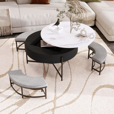 Table basse ronde à plateau relevable avec rangement et 3 repose-pieds