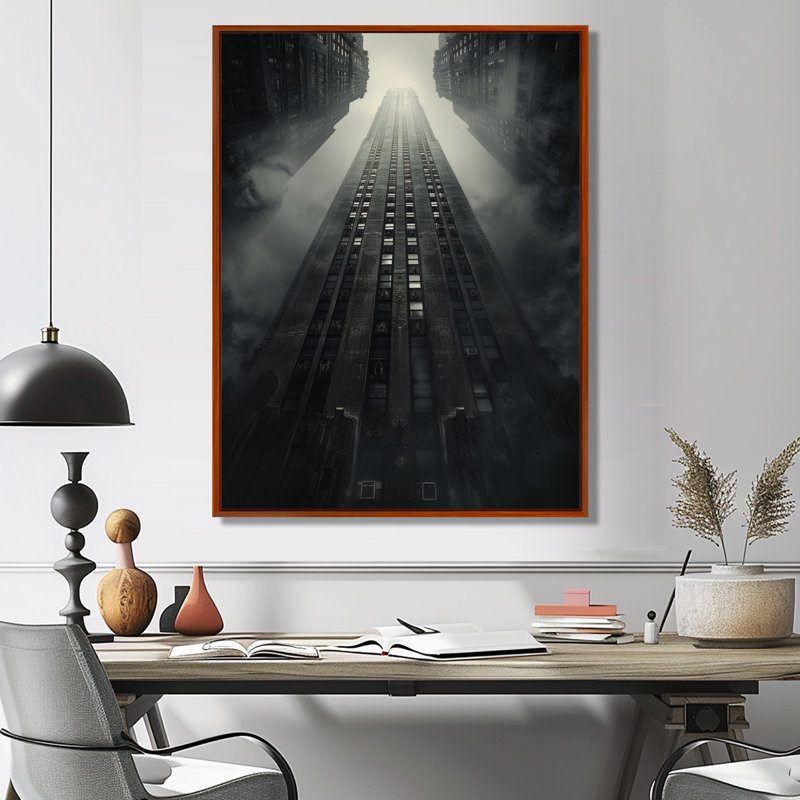 «Greys Colossal Structure Skyscrapers I» - Reproduction d'art mural gratte-ciel, Cadre flottant brun, bois massif