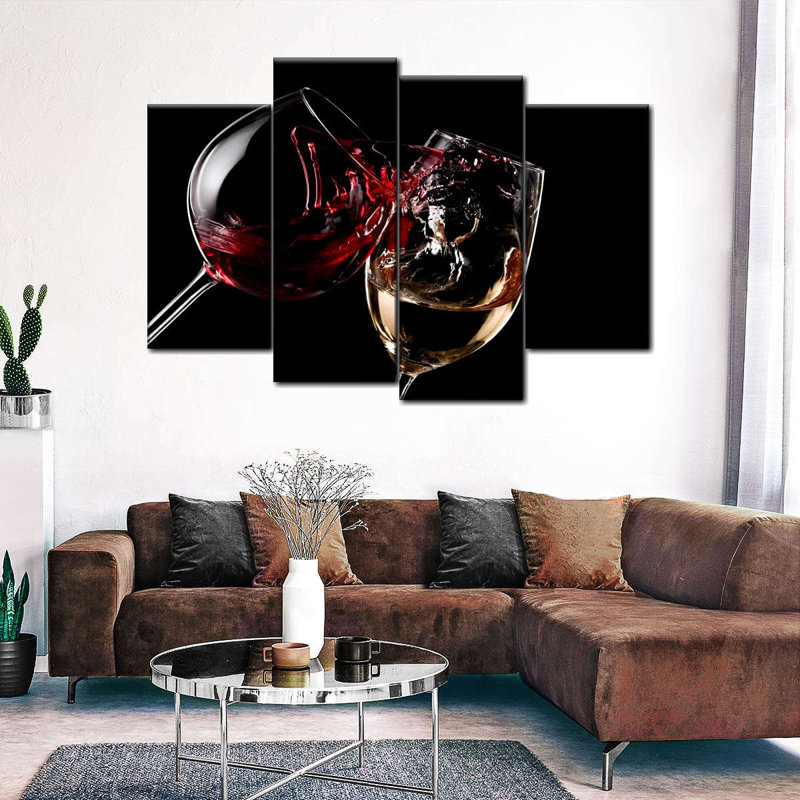 Ensemble de verres à vin rouges et blancs sur toile 4 pièces, H 22 po x l 36 po x P 1 po