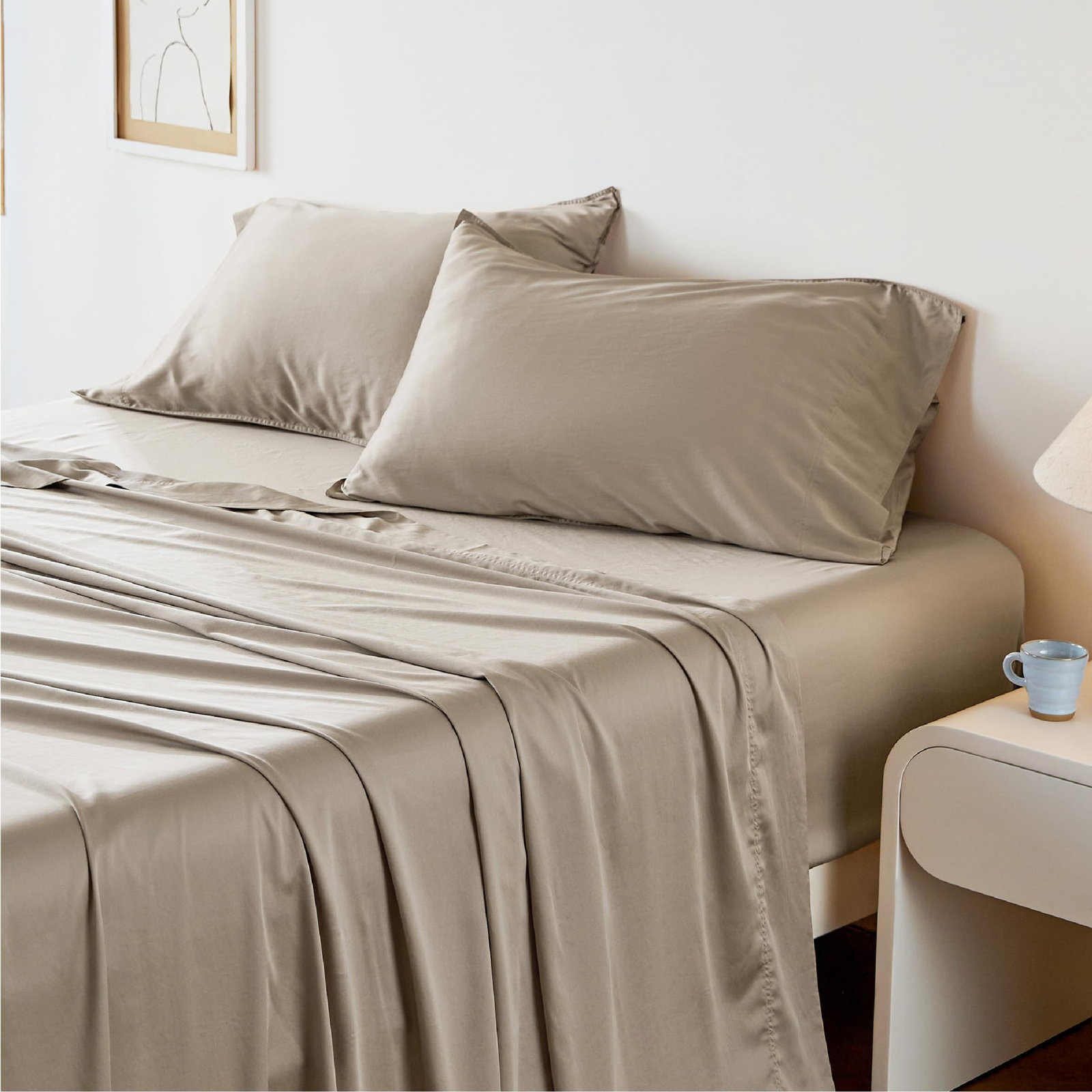 Bedsure Lyocell Cotton Breathable Eucalyptus Sheet Set, Queen Sheet Set with 1Fitted Sheet and2Pillowcases, Simply Taupe