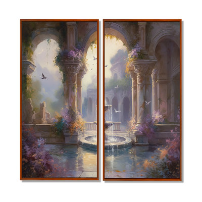 Floral Fountain And Birds IV - Purple Wall Art 2 Panels