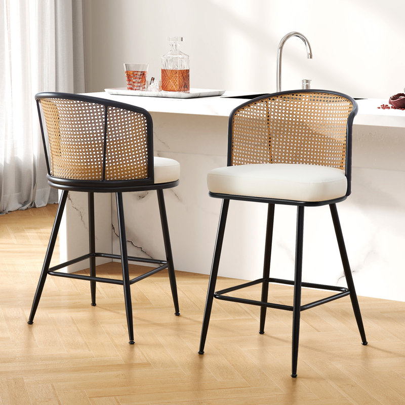 Tabouret rembourré Cane, Tabouret de comptoir (siège d'une hauteur de 26 p, Blanc, 2