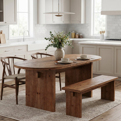 63-Inch Solid Wood Oval Dining Table For 4-6, Farmhouse Kitchen Table With Sturdy Double Pedestal Base