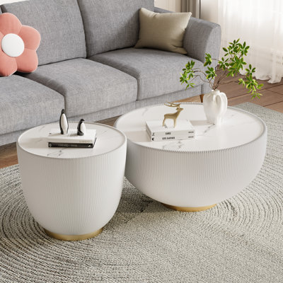 Modern Nesting Coffee Table Set of 2, 29.53" Coffee Table and 19.69" End Table with Faux Marble Top & PU Leather Metal Base, Small Bowl-Shape Round Center Table Sofa Side Tables for Living Room