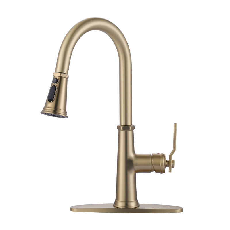 Stainless Steel 3-Function Single Handle Pull Down Kitchen Faucet With Deckplate, Gold