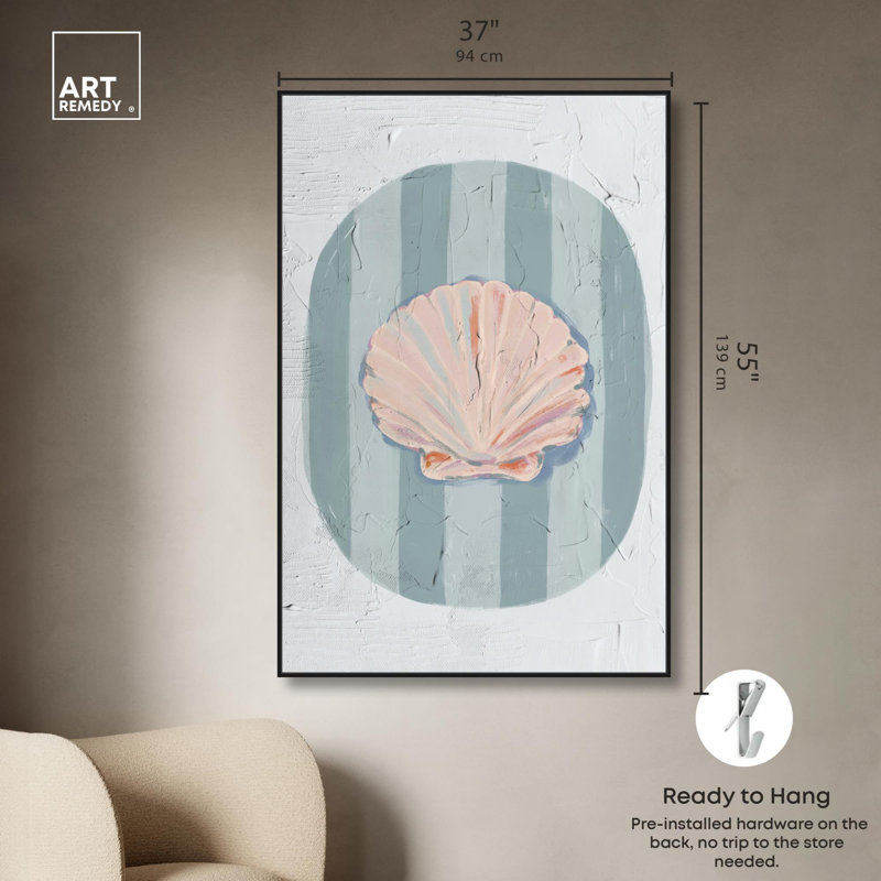 Reproduction côtière tendance Venus Shell par Art Remedy, H 55 po x l 37 po, Cadre flottant noir
