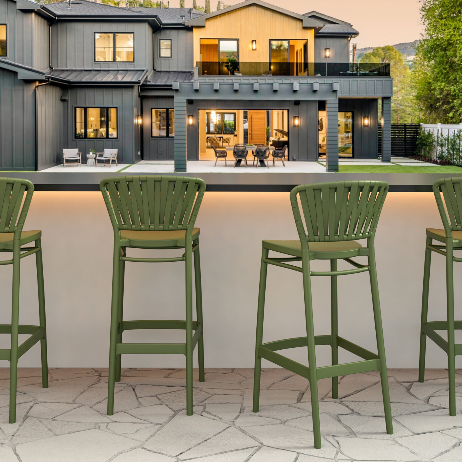 Newport Outdoor Barstool, 29.5", Olive Green