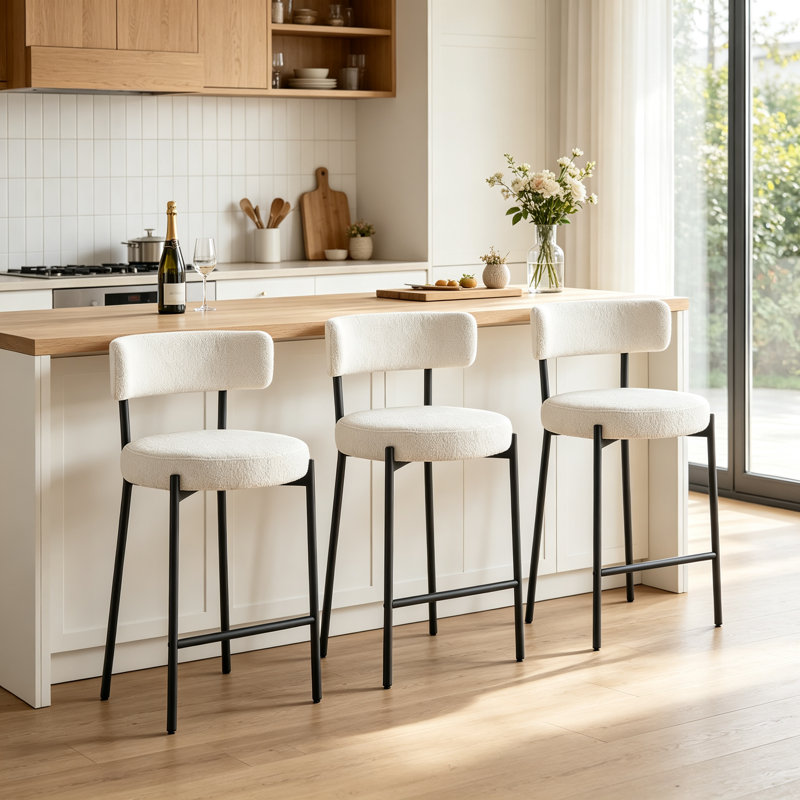 Tabouret de bar 25 po à hauteur de comptoir avec dossier incurvé et structure en métal Sherpa, Teddy blanc pur