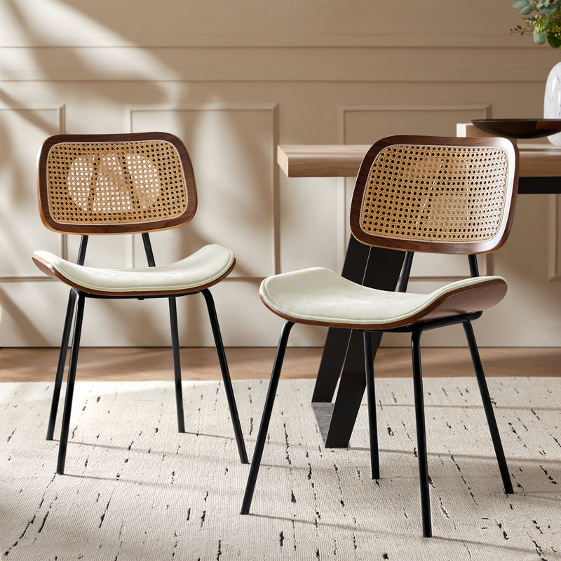 Pateley Mid-Century Modern Dining Chair with Rattan Backrest(Set of 2), Beige