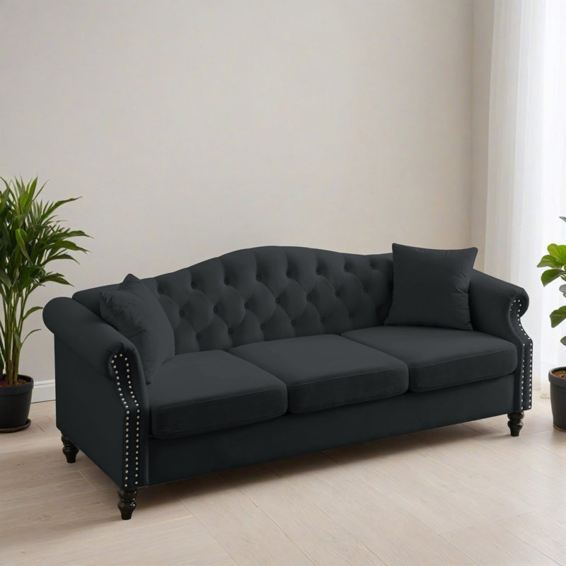 79.02" Upholstered Rolled Arm Sofa For Living Room, Black