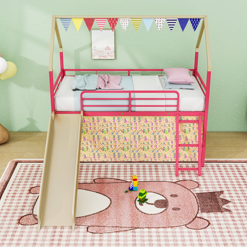 Metal House Twin Loft Bed With Slide, Curtain Set, Guardrails And Ladder, Gold Red