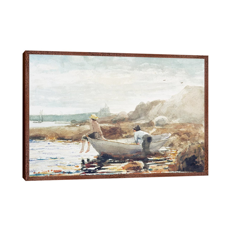 Boys On The Beach by Winslow Homer - Painting on Canvas, 66.04cm H x 101.6cm W x 3.81cm D, Classic Brown Wood Framed