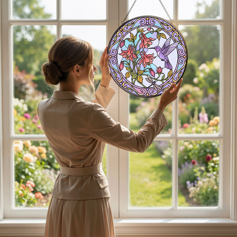 Panneau de vitrail à motif floral Colibri ， H 12 po, 12"H