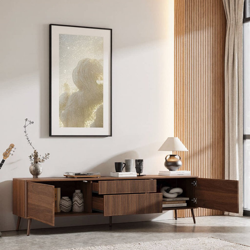 Meuble télé 70 po sans poignée pour téléviseurs de 65 à 80 po, console multimédia en noyer moderne avec portes à pousser, tiroirs profonds et standard, charnières à fermeture en douceur, gestion des câbles