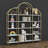 74.8 Inch 5 Tiers Office Bookcase Bookshelf, Display Shelf With Round Top, X Bar Gold Frame For Home Office