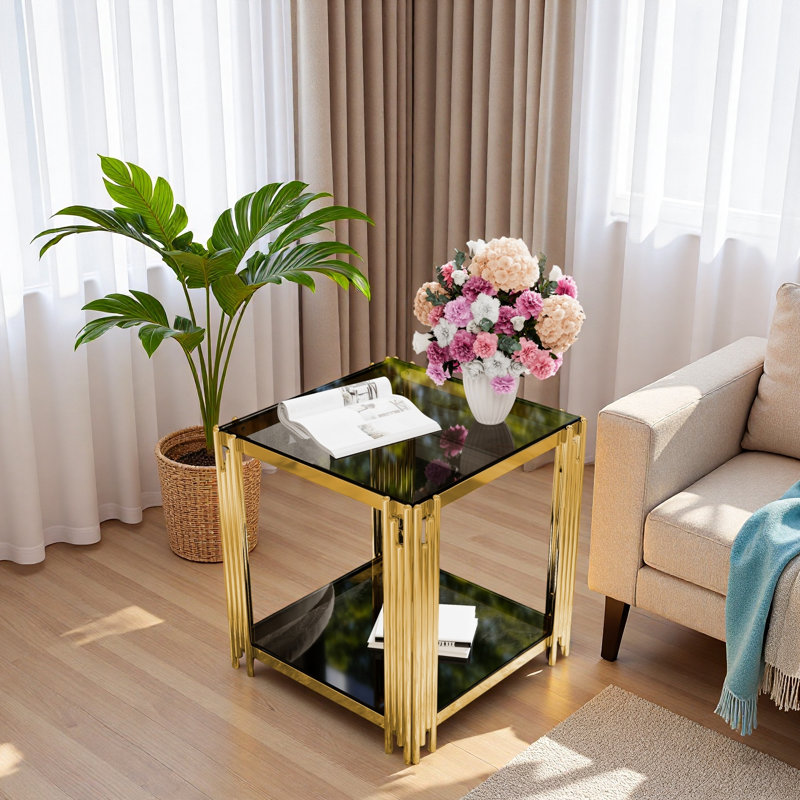 Table de bout moderne carrée avec plateau en verre trempé, tablette inférieure et structure asymétrique en métal, Noir