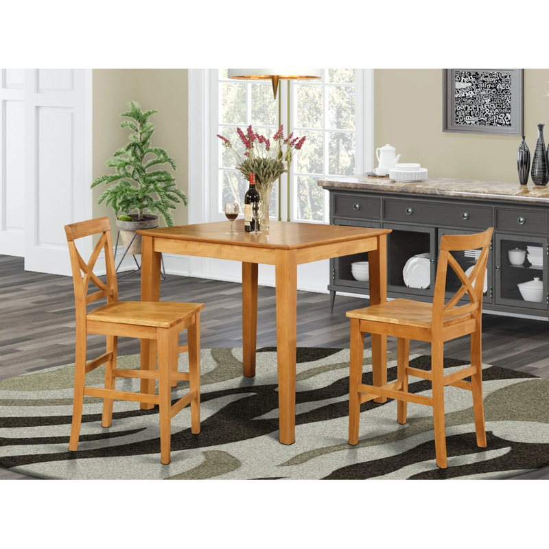 Ensemble de salle à manger 3 pièces à hauteur de comptoir pour petits espaces comprenant une table carrée en bois et 2 chaises de cuisine, chêne
