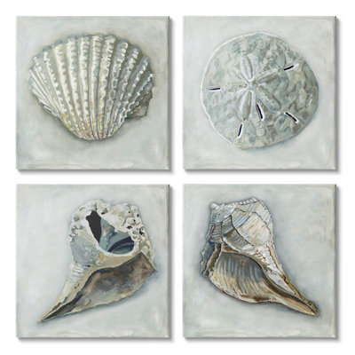 Detailed Seashells Ocean Life by Erica Christopher - 4 Piece Wrapped Canvas Painting Set