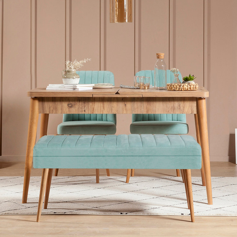 Kayonia Scandinavian Extendable Dining Table & Chairs Set (4 Pieces), Atlantic Pine & Pistachio Green | 100% Melamine Coated Particle Board | Table Size: 50.8 x 29.5 x 31.5 inches, Chairs: 18.5 x 35.4 x 17.7 inches | Luxurious 100% Velvet Seating