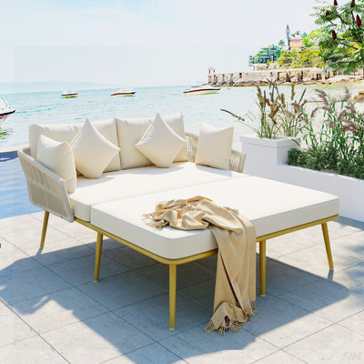 Outdoor Patio Daybed, Woven Nylon Rope Backrest With Washable Cushions For Balcony, Poolside, Set For 2 Person(Patio Sofa)