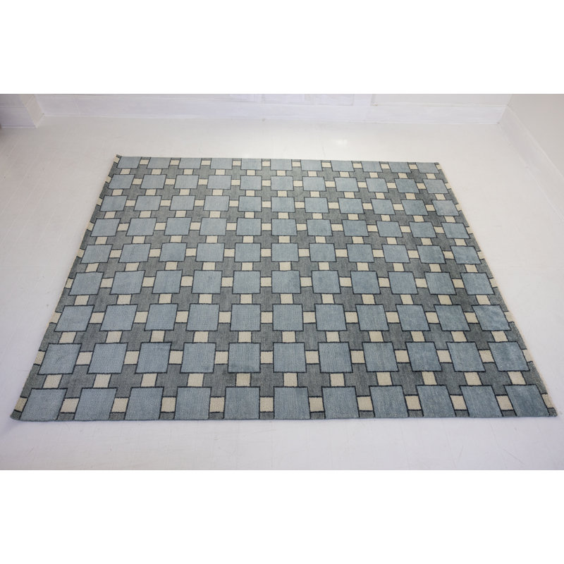 Hand Knotted Wool Checkered Area Rug, Rectangle 10' x 14'