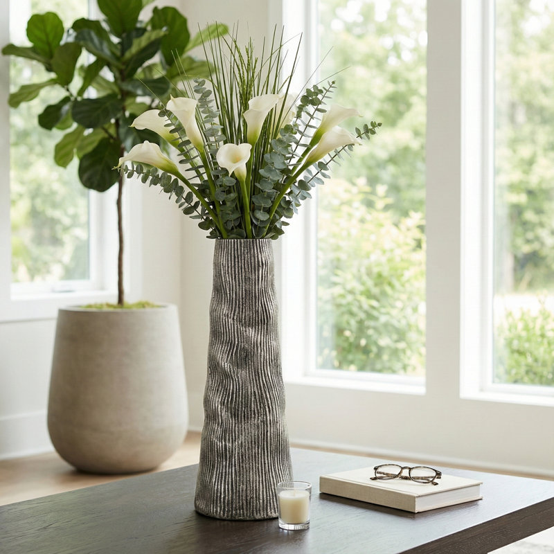 Cylindrical Silhouette Metal Tall Vase for Home Tabletop Decor - Table Flower Vase Accent for Entryway or Living Room Floor Display - Silver