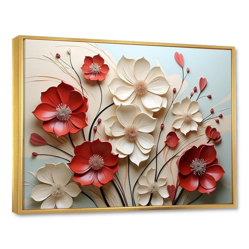 Rouge et blanc cramoisi fleur s Étreinte - art mural fleur, H 30 po x l 40 po, Reproduction avec cadre flottant, Doré