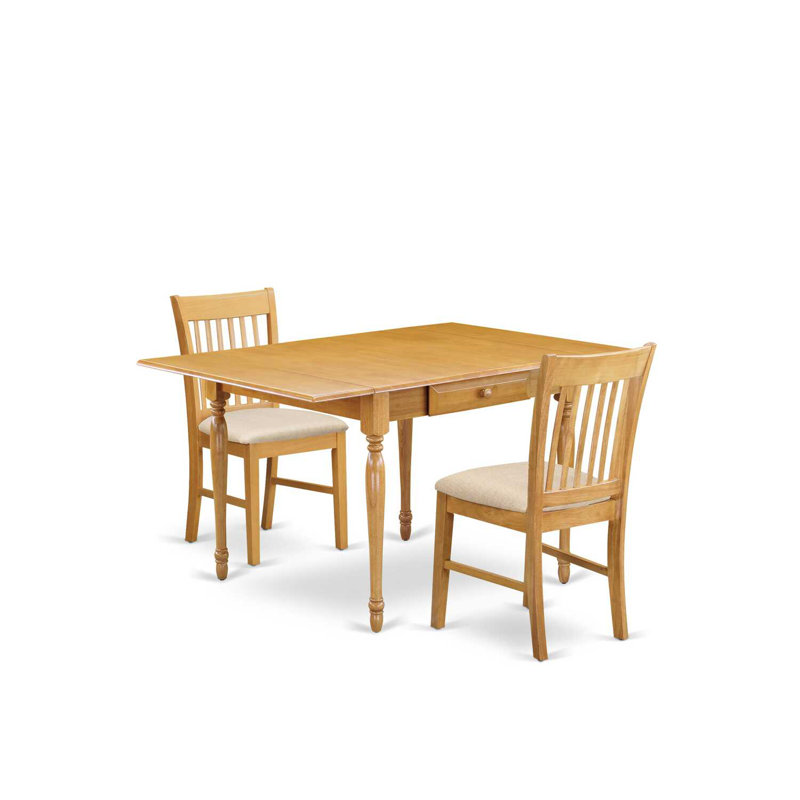 Ensemble de table de salle à manger 3 pièces pour petits espaces comprenant une table de salle à manger rectangulaire avec Dropleaf et 2 chaises en tissu de lin, chêne